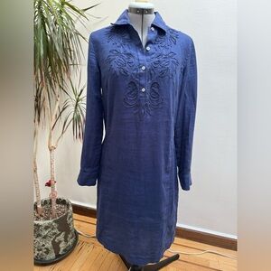 Talbots Blue Linen Embroidered Beaded Shift Dress